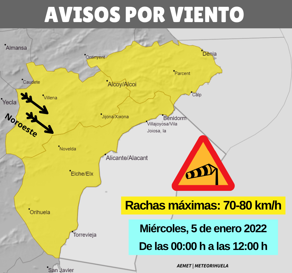 Activado el aviso amarillo por viento en la Vega Baja durante la próxima madrugada 6